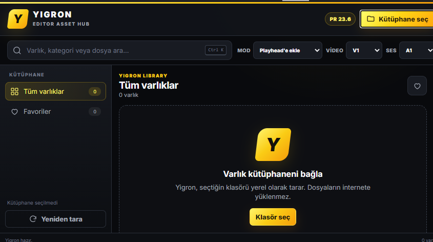 Yigron Premiere Pro varlık kütüphanesi paneli